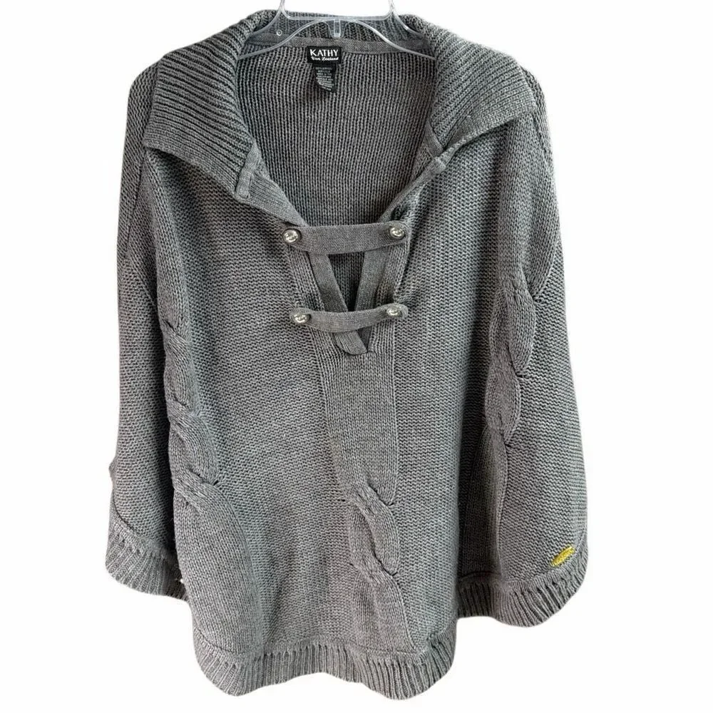 Kathy Van Zeeland Gray Cable Knit Sweater Cape Poncho One Size Cozy Fall Winters